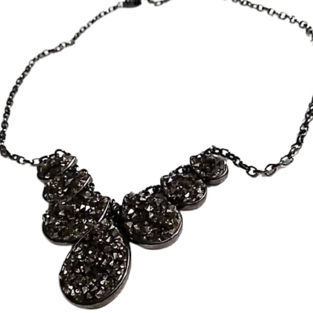 Charming Charlie Statement Bib Necklace Black Druzy Stones Gunmetal Chain